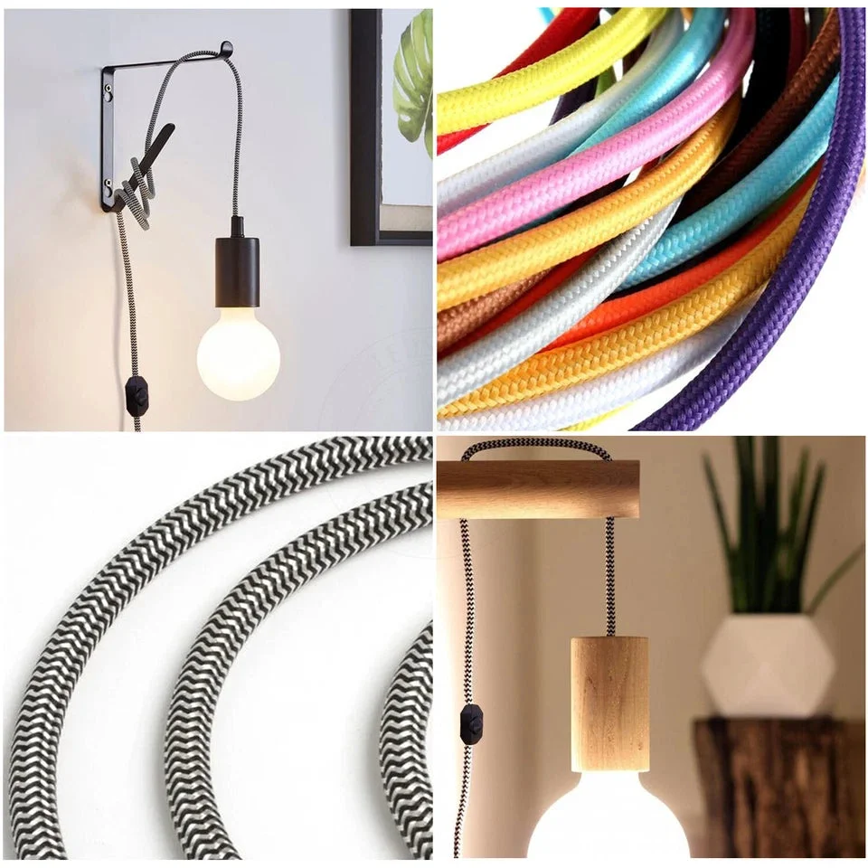 Dimmer switch pendant with fabric cable, UK 3-pin plug, black holder, soft hanging light.