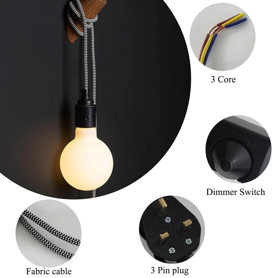 Indoor hanging light with pendant holder, 2m braided cable, dimmer switch, UK 3‑pin plug, E27 socket, black