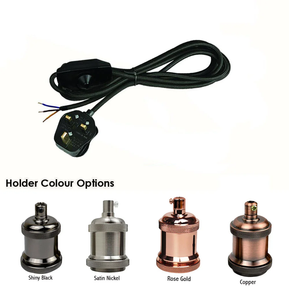 Plug in pendant light with 2m fabric cable, UK 3‑pin plug and dimmer, hanging from ceiling in black fabric holder.