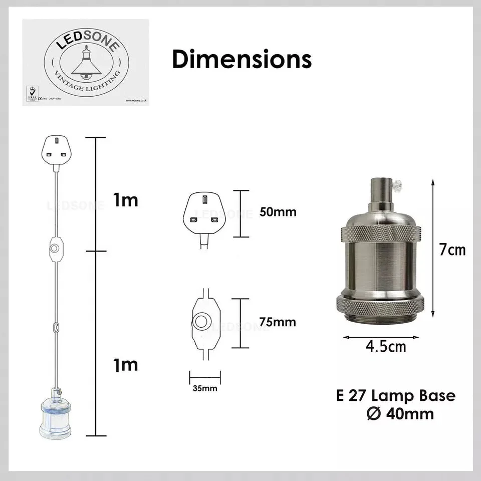 Plug in pendant light with 2m fabric cable, dimmer switch, UK 3‑pin plug and E27 socket, black embroidered holder.