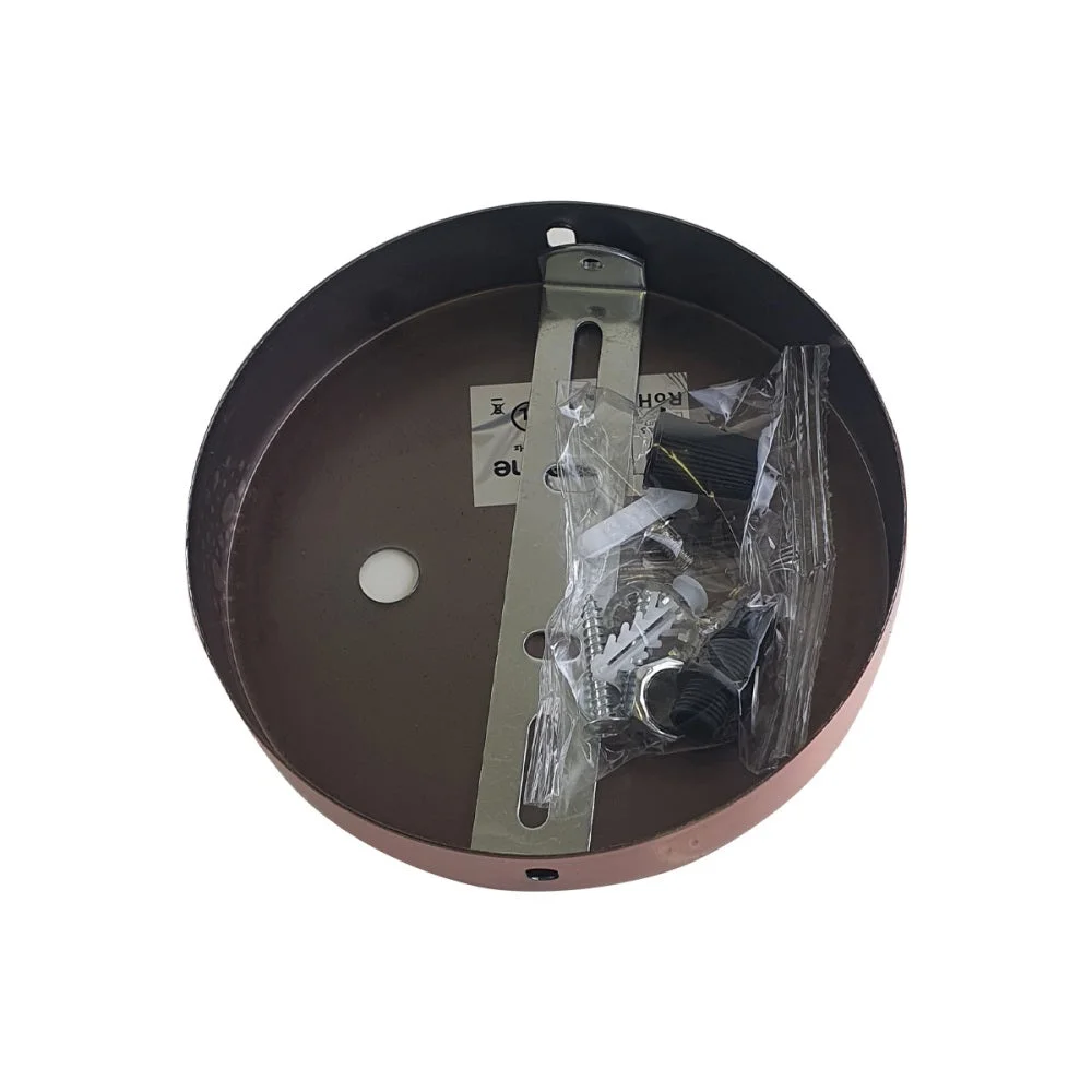 Vintage metal ceiling rose, 125mm diameter, metal finish, mounted above a ceiling junction box, decorative industrial style