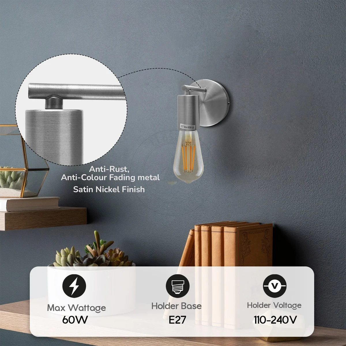 Metal wall sconce in satin nickel, with a white hood, sleek metal arm and ceiling plate—modern industrial lighting
