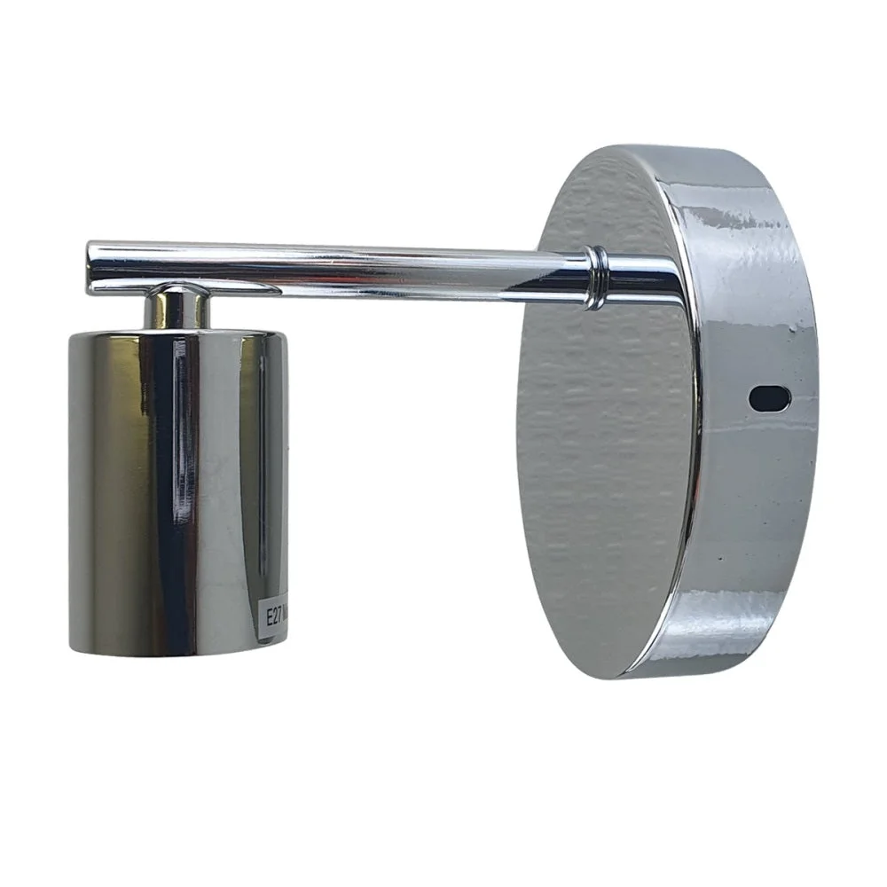 Sleek chrome wall sconce with slender metal arm, white hood interior, round chrome fixture, suitable for modern décor.
