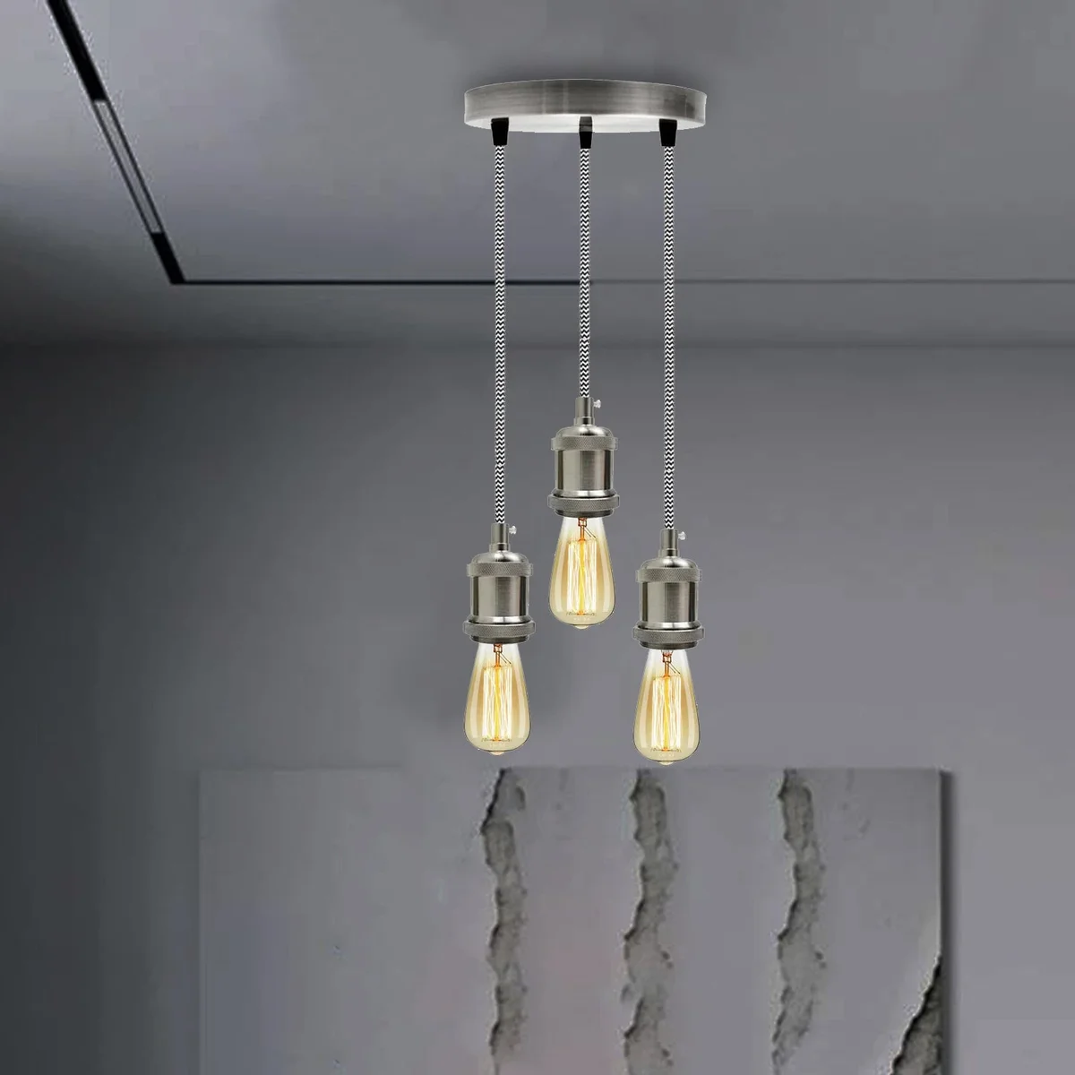 3 light pendant ceiling light with satin nickel metal cluster, black and white braided fabric cord, 20 cm ceiling rose
