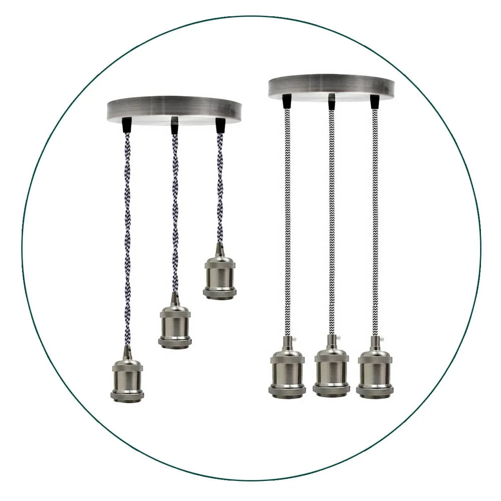 Satin‑nickel 3‑way adjustable pendant light with black and white braided fabric flex cluster, 90 cm length, 3 E27 holders.
