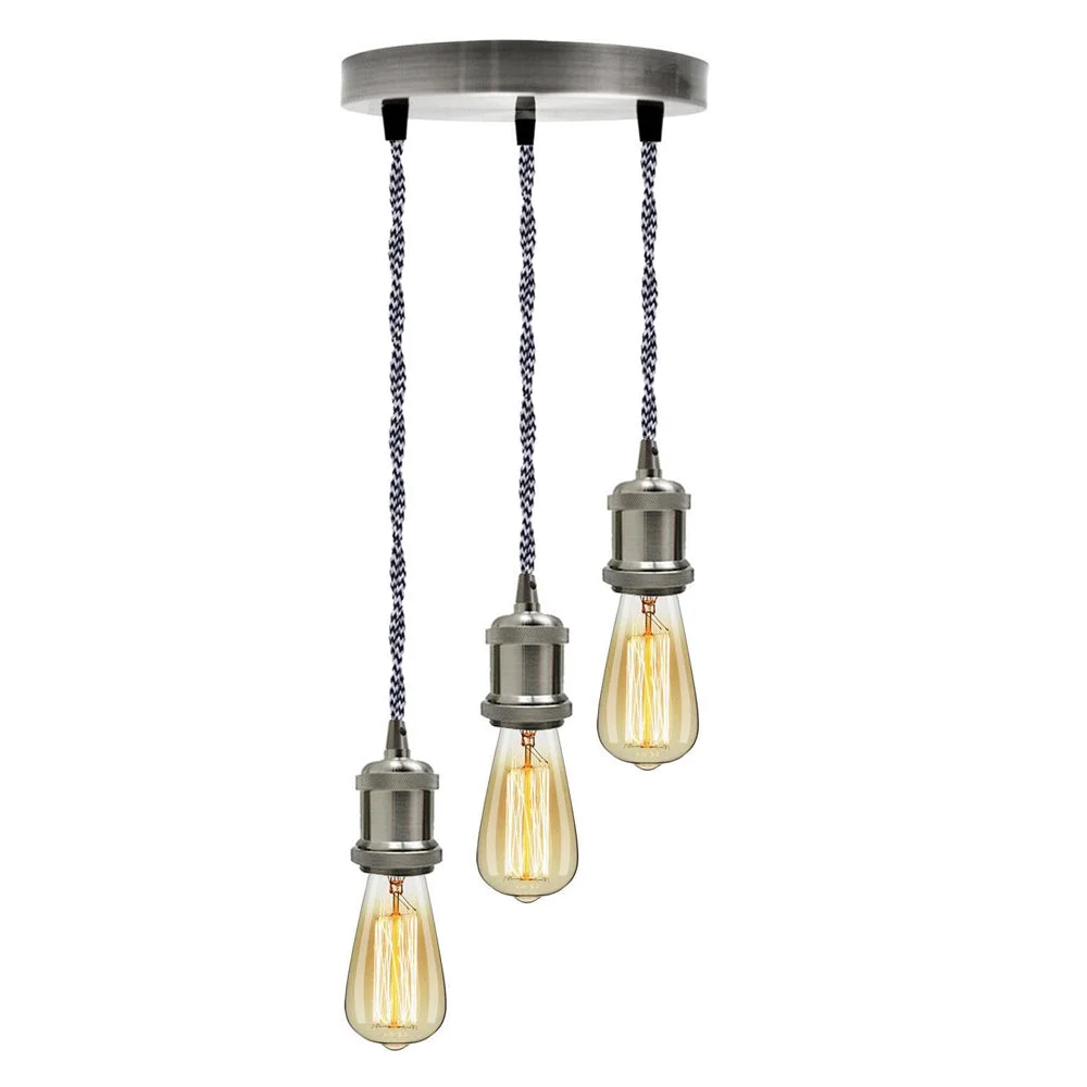 E27 bulb holder pendant in satin nickel, three metal holders, 90cm black & white braided wire.