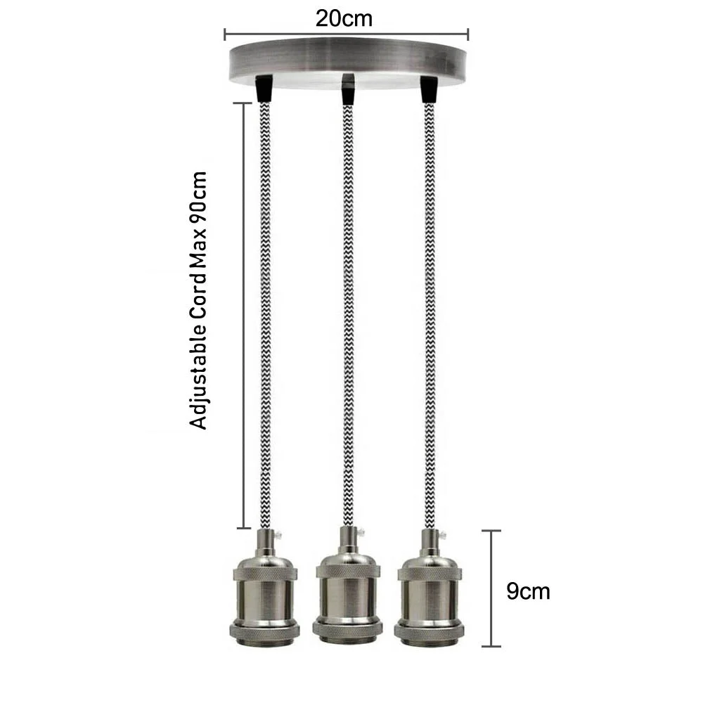 Metal cluster pendant light with 3‑lamp satin nickel head, braided black and white cable, hanging from a 20cm ceiling rose.