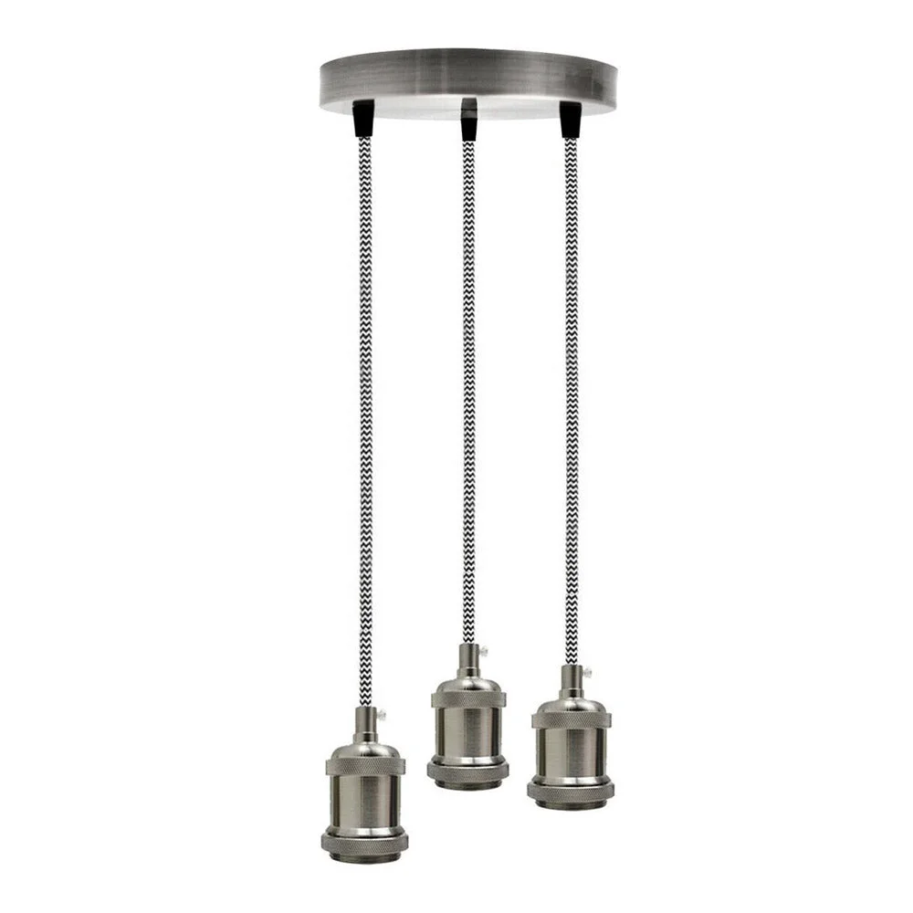 3-way satin nickel pendant, braided fabric cluster, 90cm black/white cord, 20cm industrial style ceiling light