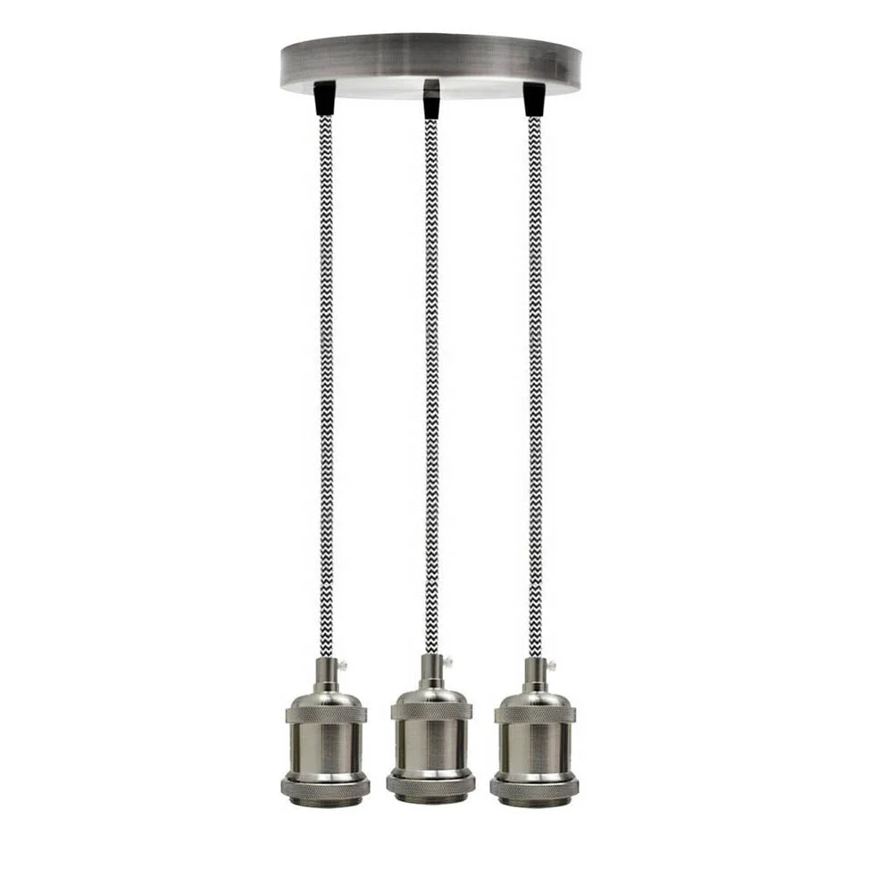 3‑way satin nickel pendant with black‑white braided fabric flex cord and 20 cm metal round rose.