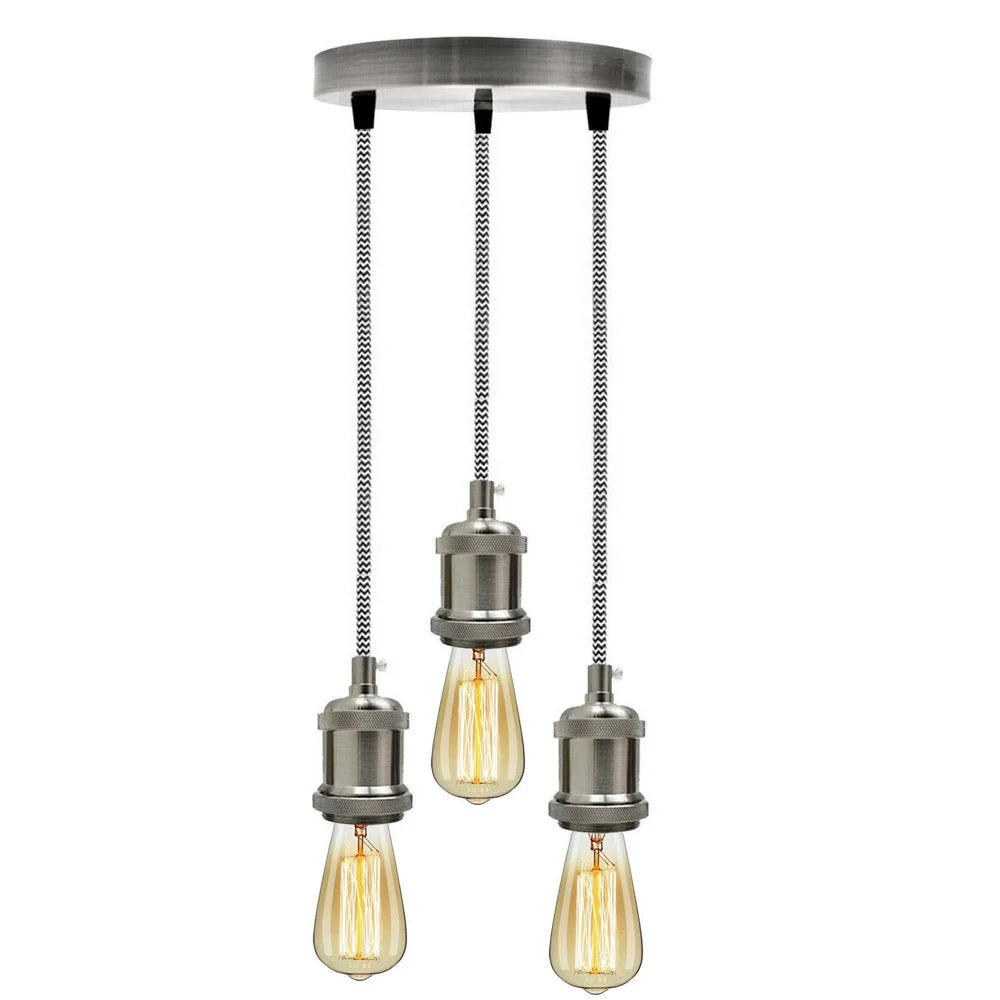 3 light pendant ceiling light in satin nickel with braided black and white wire, adjustable 3‑way design.