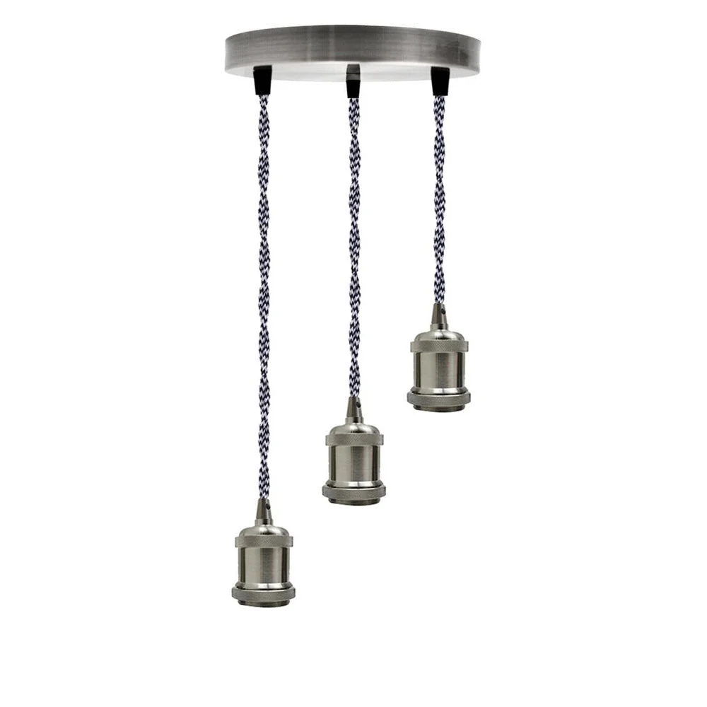 3 light pendant ceiling light with satin nickel finish, 90cm black and white braided wire, metal 20cm ceiling rose