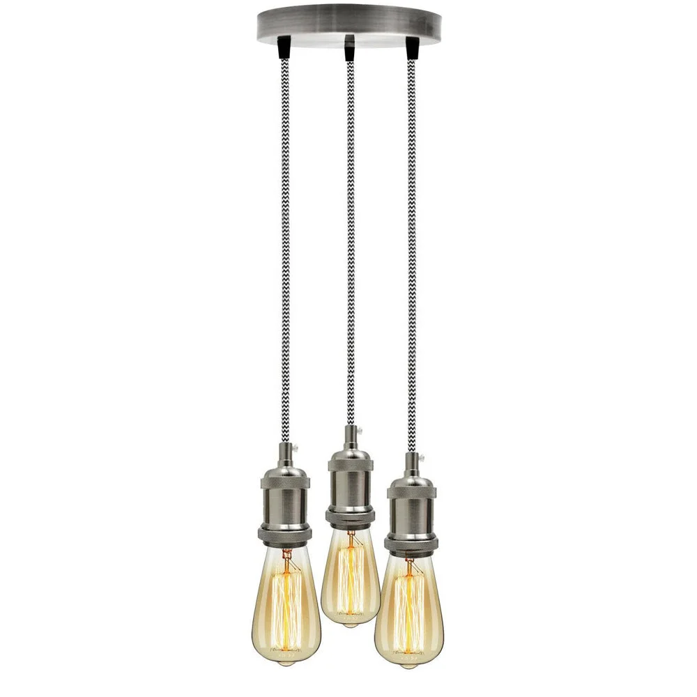 Satin nickel 3‑light pendant ceiling light with braided fabric flex cluster, 90 cm black/white cord, metal mounting.