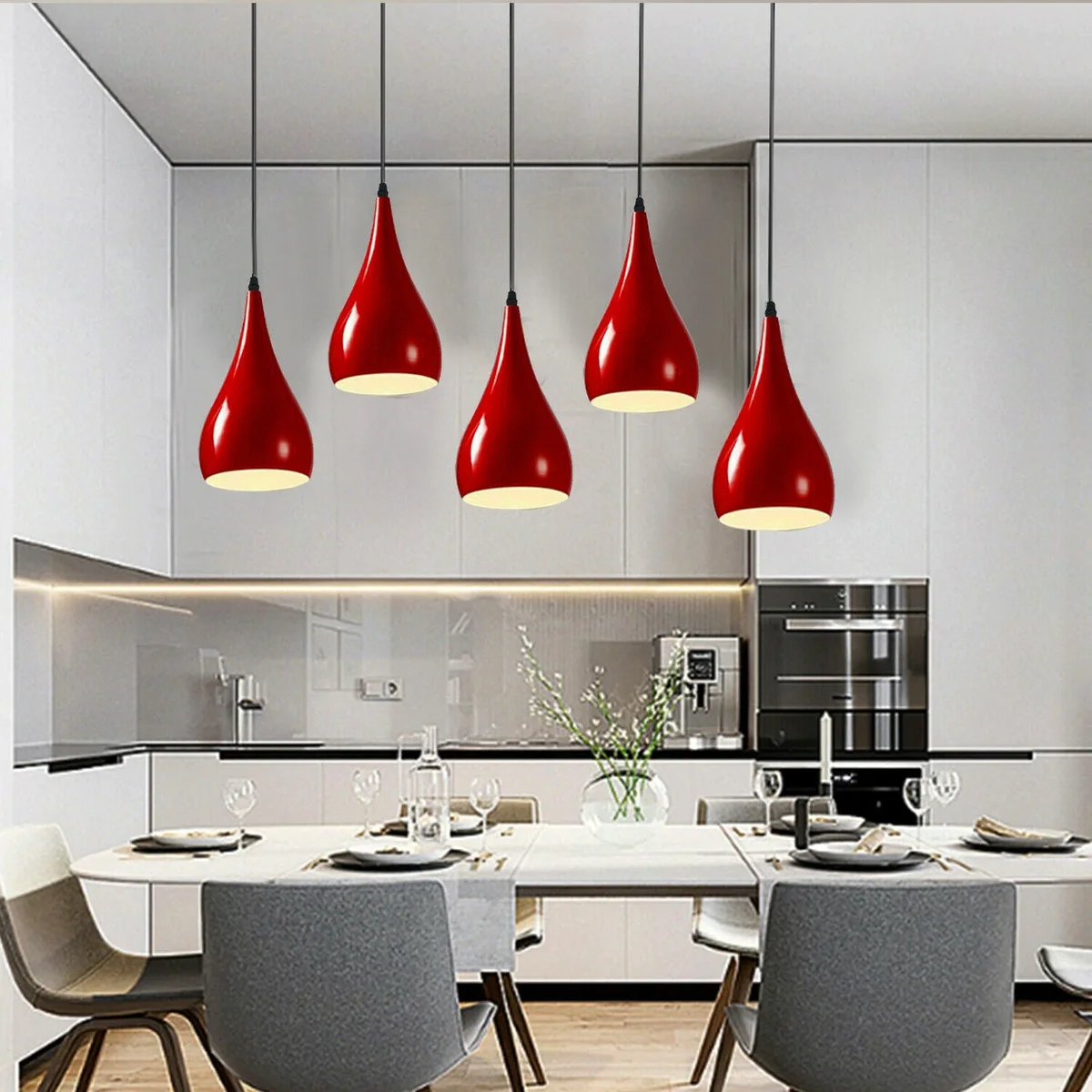 Modern 5 light pendant with adjustable cords, white inner hoods and sleek exterior, ideal for kitchen island or dining room.