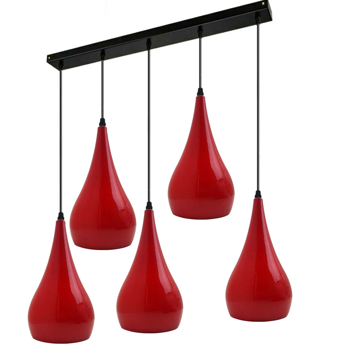 Five‑light adjustable pendant lighting with white hoods and black base, hanging from 95 cm cables for a sleek modern look.