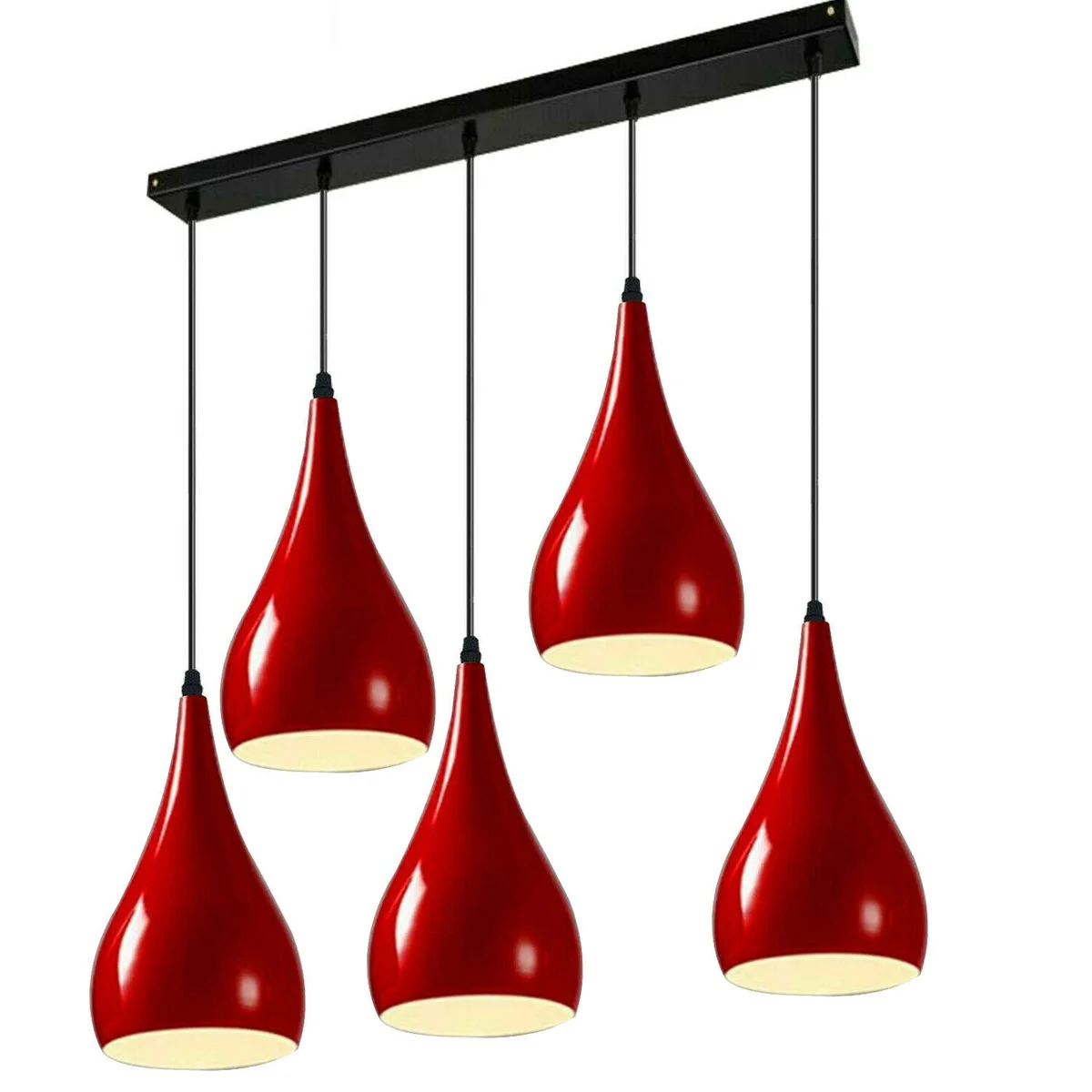 Modern ceiling pendant with 5 adjustable lights, white hood interiors, sleek exterior, hanging above kitchen island