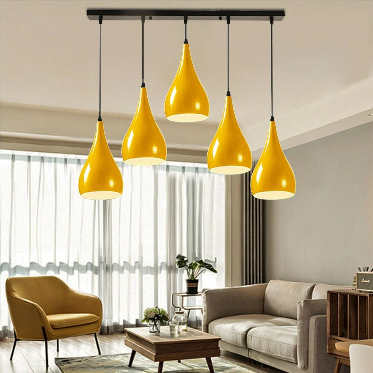 Black and yellow multi outlet pendant light with five E27 sockets, metal body and PVC shade, 95cm cable, hanging from ceiling.