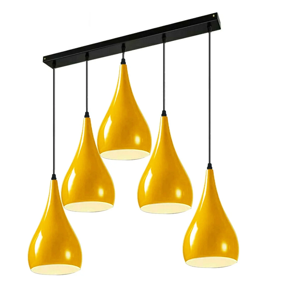 Black pendant lighting with five yellow LED holders suspended from a metal ceiling plate.