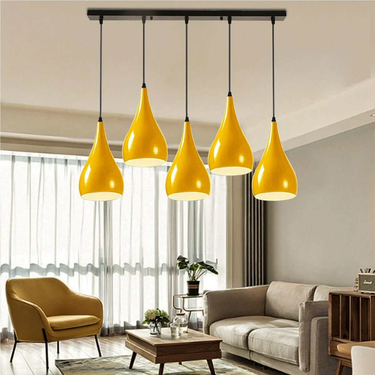 Yellow pendant light with black metal frame and PVC shade hanging from ceiling, 5‑light outlet.