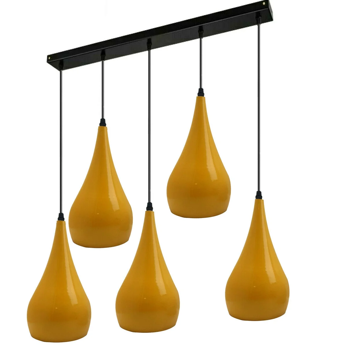 Five‑outlet black and yellow hanging pendant lamp with angled metal base, white hood, and E27 sockets.