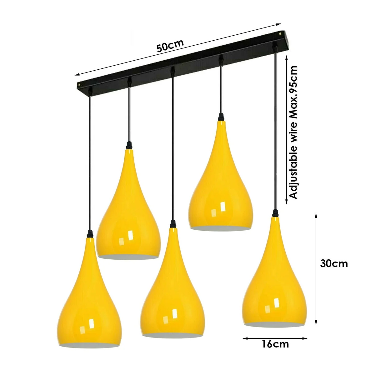 Black and yellow hanging pendant with 5 round outlets, angled for sloped ceilings, ideal for kitchen island lighting.