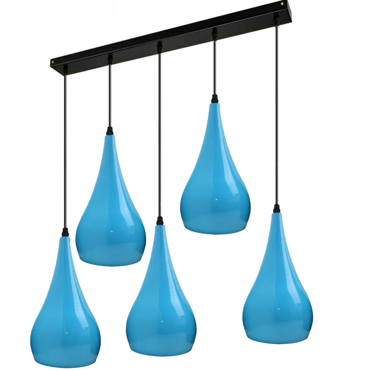 5 outlet ceiling light, black metal base, blue shades, hanging 95cm cable, 5 E27 holders, modern kitchen.