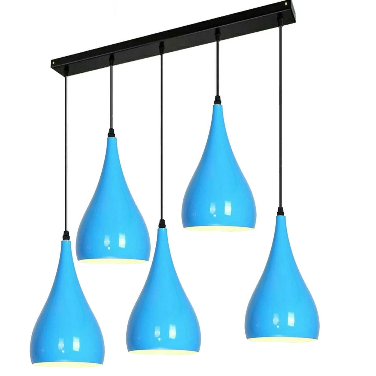 Black and blue metal pendant light with white hood, five sockets, angled base for sloped ceilings.