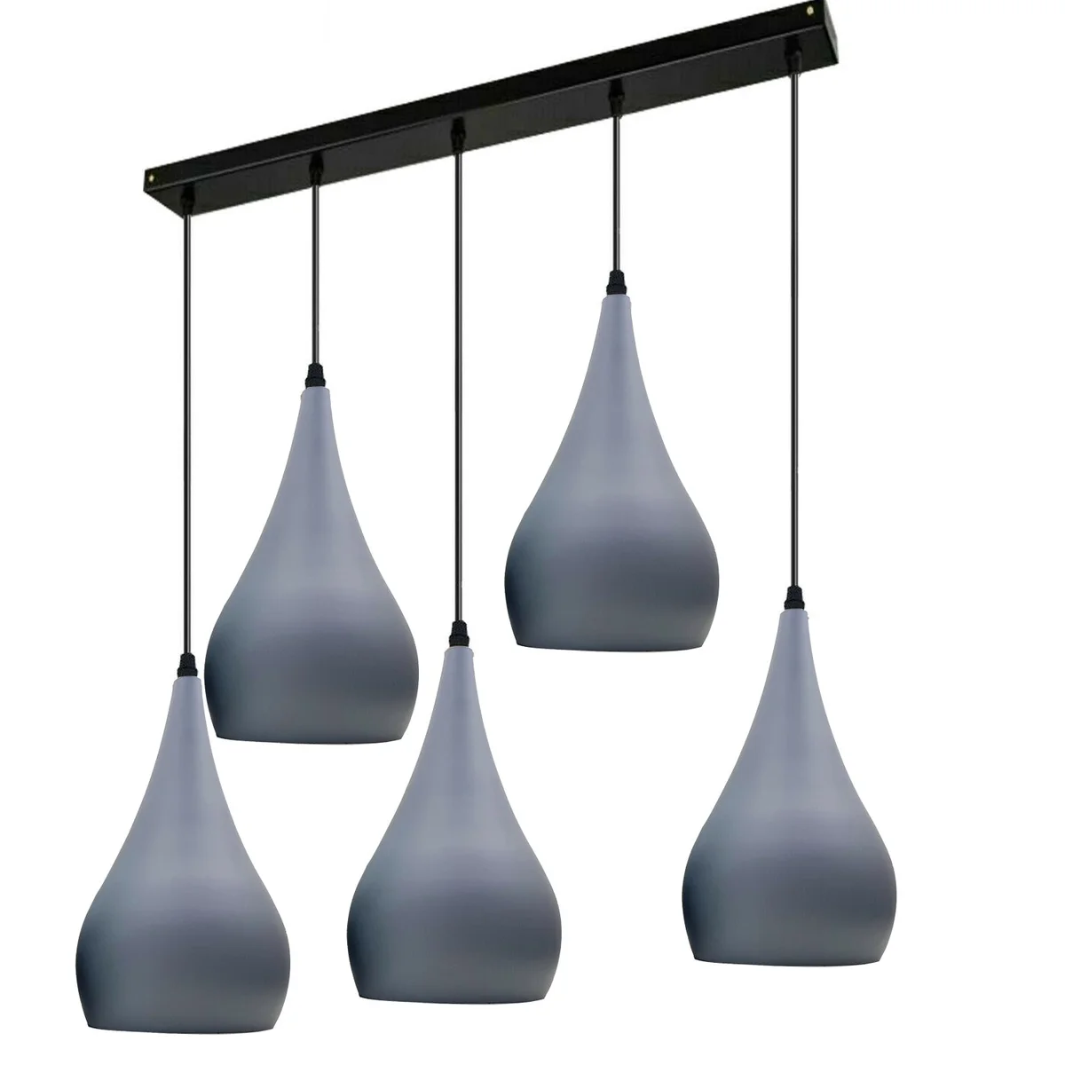 5 outlet pendant light with black metal body and angled grey hood, small sleek design with white interior.