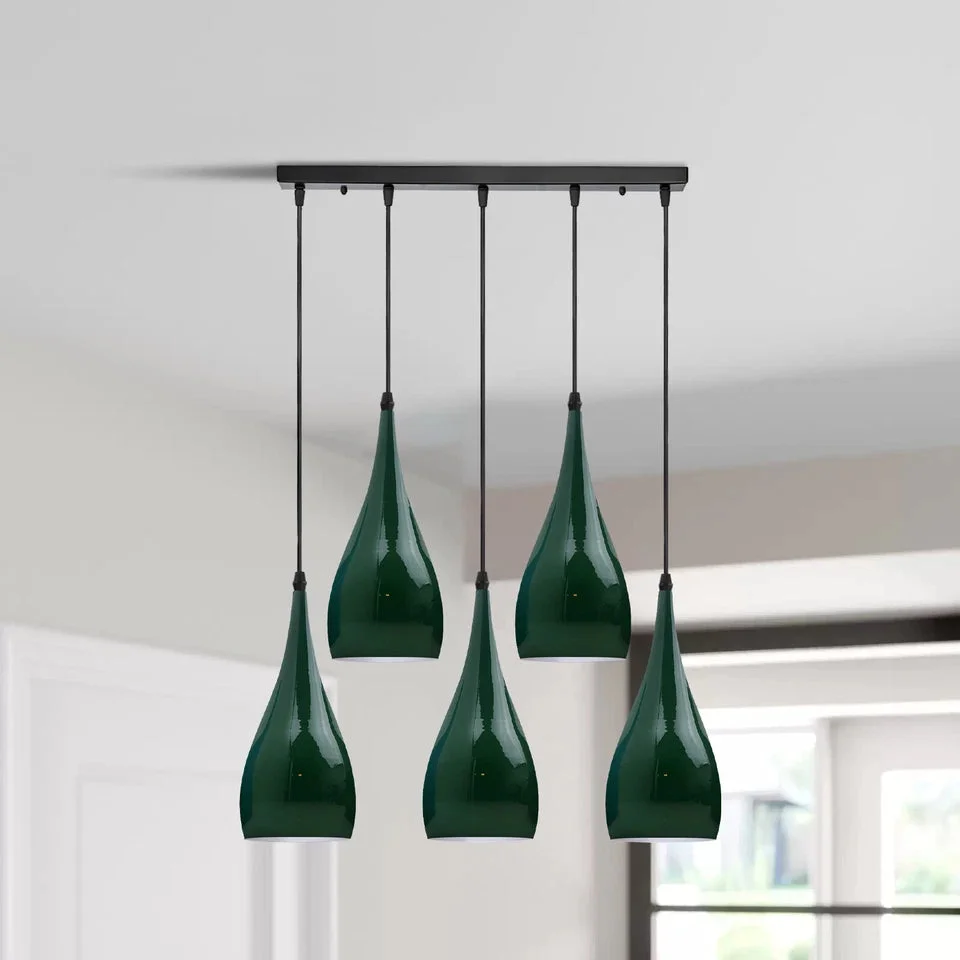 Industrial swan neck wall light featuring five green teardrop metal shades and adjustable cords.