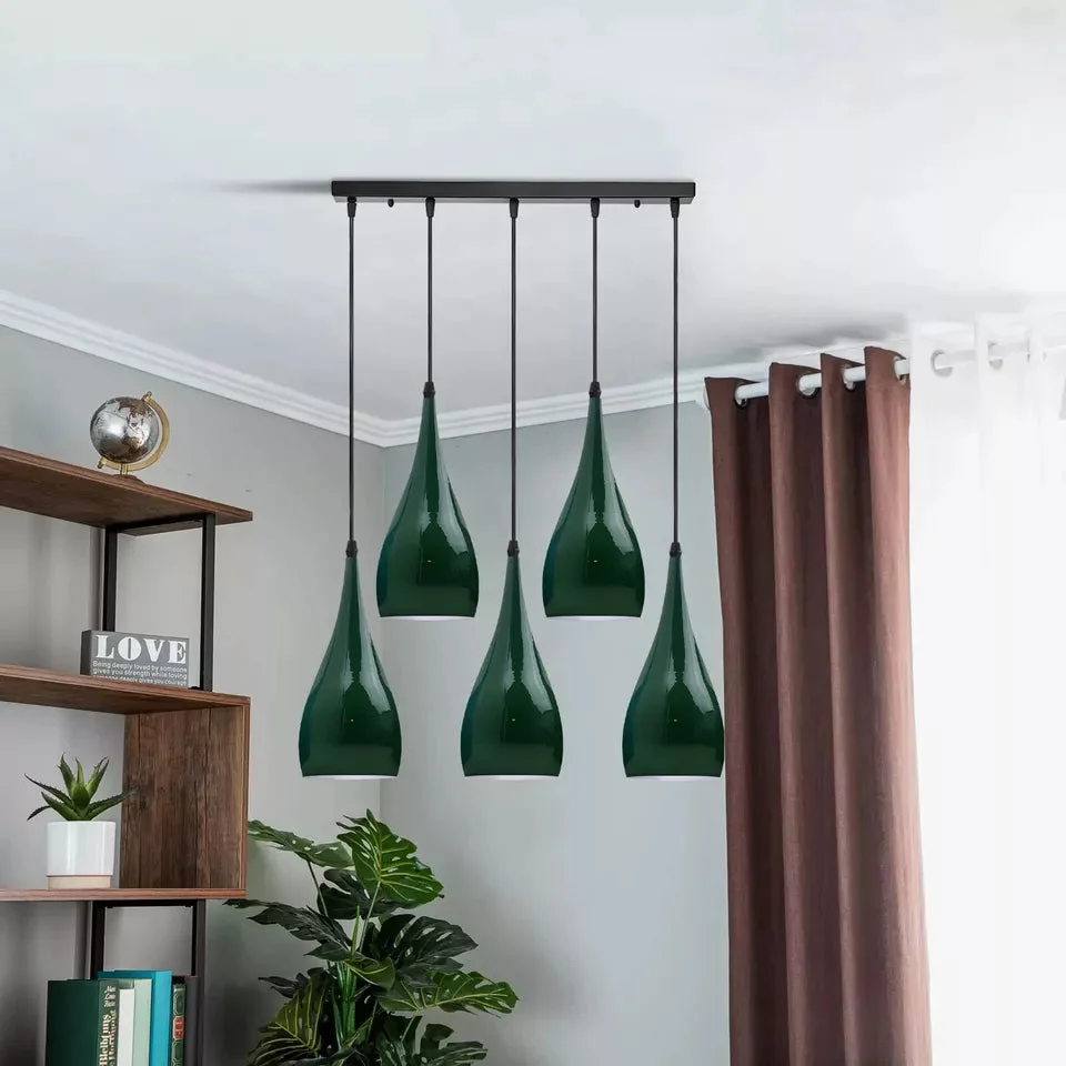 Five‑light teardrop pendant with black and green glossy metal shades, adjustable cords, and a large metal base – an E27 wall light fitting.