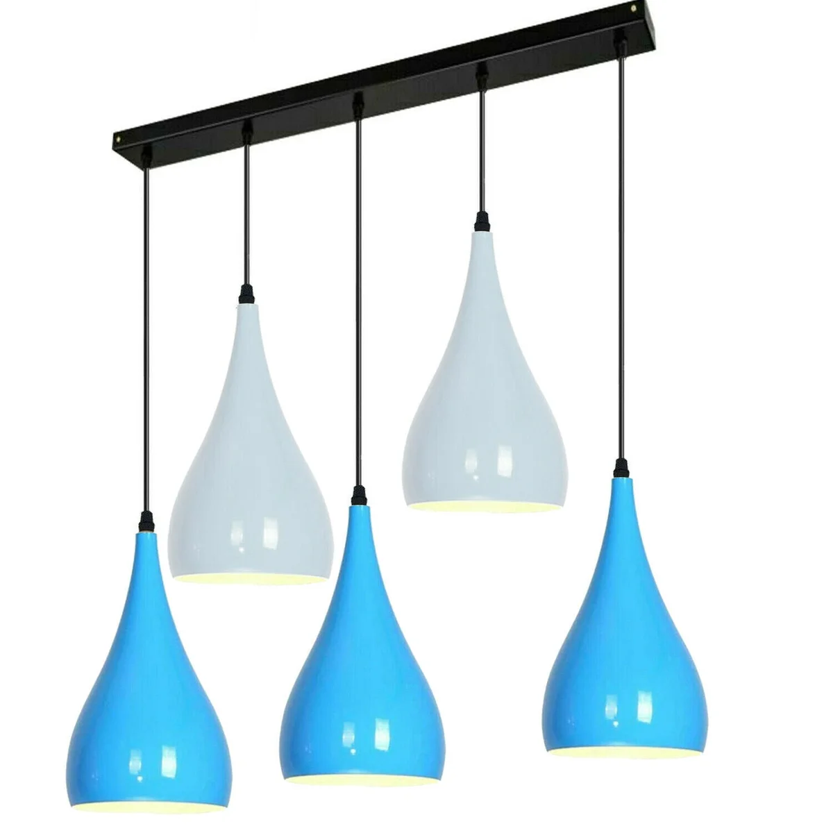 Blue and white pendant light over kitchen island, metal base and hood, five adjustable lamp heads, modern industrial style.