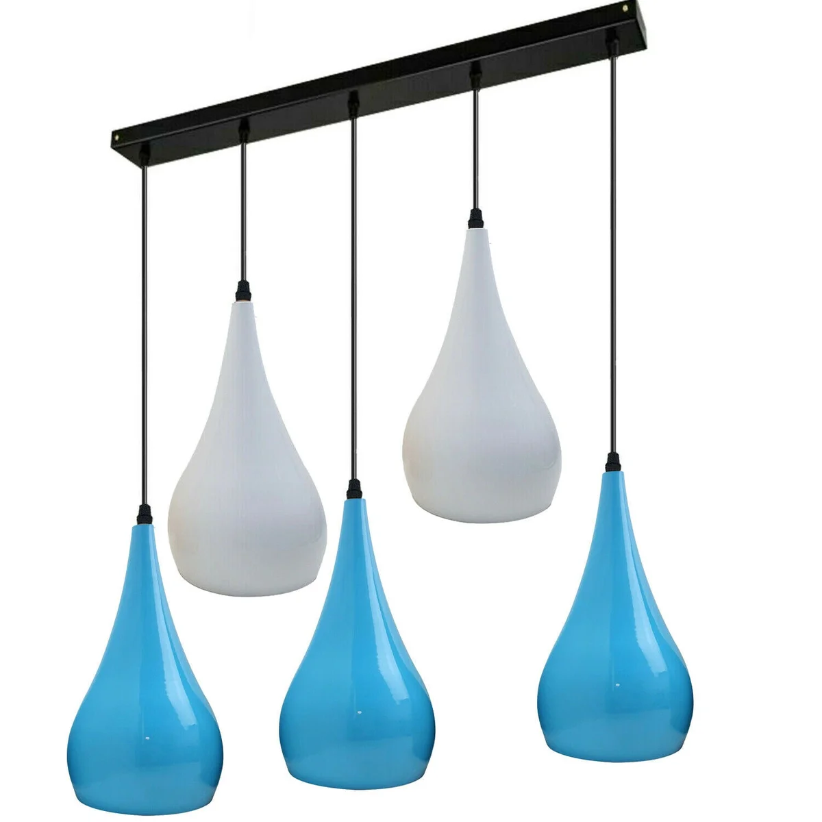 5 light pendant with blue and white metal shades, angled hood, sleek modern design for kitchen or bar