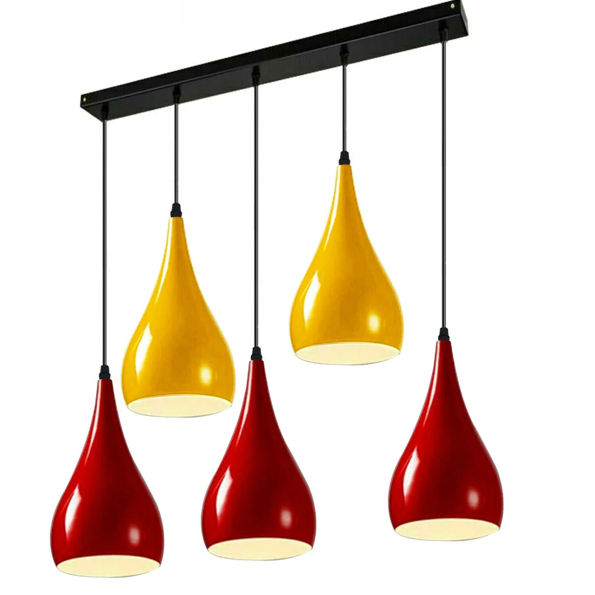 5 outlet pendant light in striking red and yellow finish, white interior hood, angled metal base, suitable for kitchen island