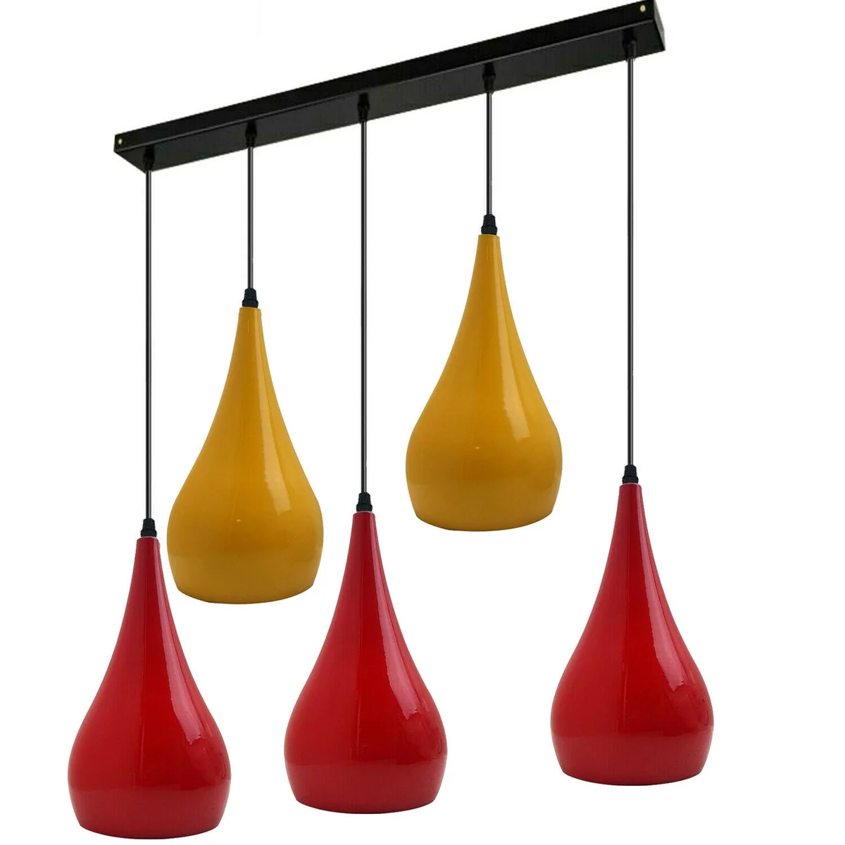 Industrial ceiling light pendant, 5 sockets, red/yellow metal and PVC, angled white hood, 95cm cable