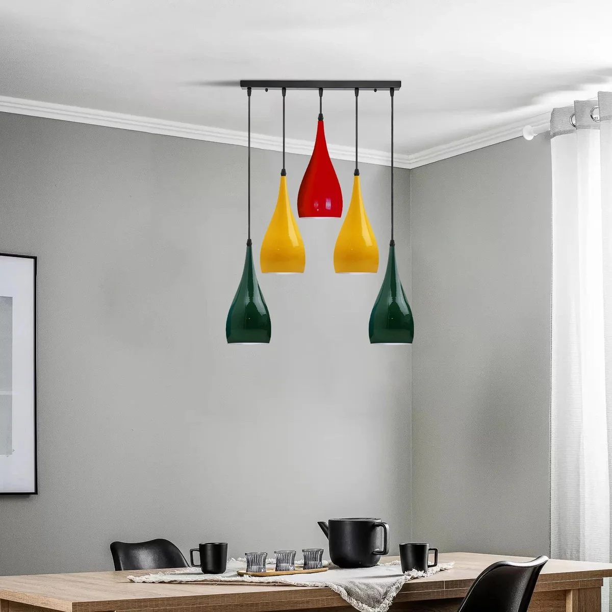 Retro pendant ceiling light with 5 angled metal and PVC cords, glossy dome shade and green, yellow, red accents