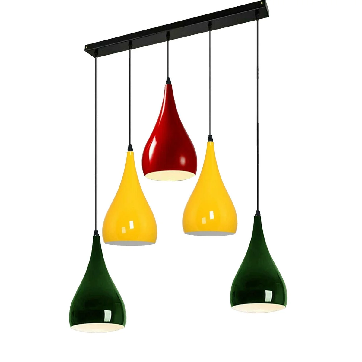 Industrial pendant lamp with metal body and PVC cords, five adjustable 95 cm cables, dome hood, green, yellow and red fixtures.