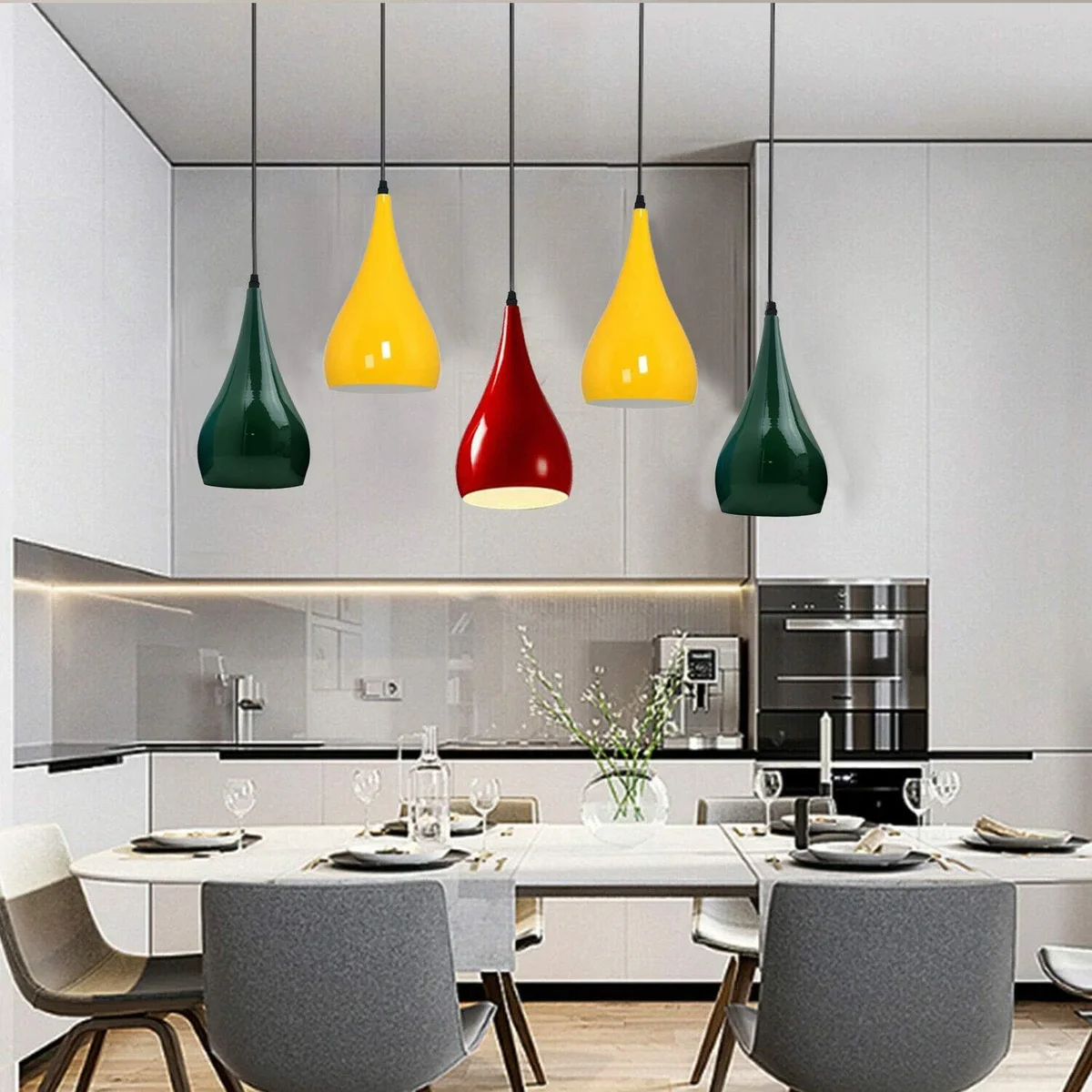 E27 pendant light in vintage metal design with 5 green, yellow, red hanging cords and adjustable length