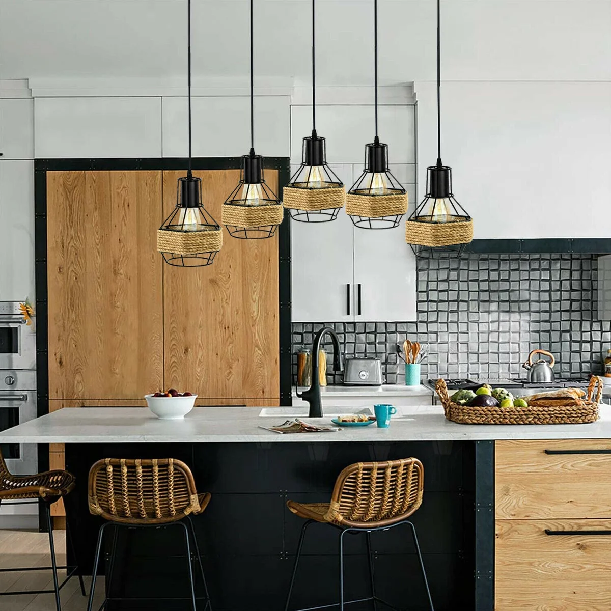 Industrial hemp rope chandelier: 5‑head metal cage pendant with brushed nickel finish, black accents, hemp‑wire detailing.