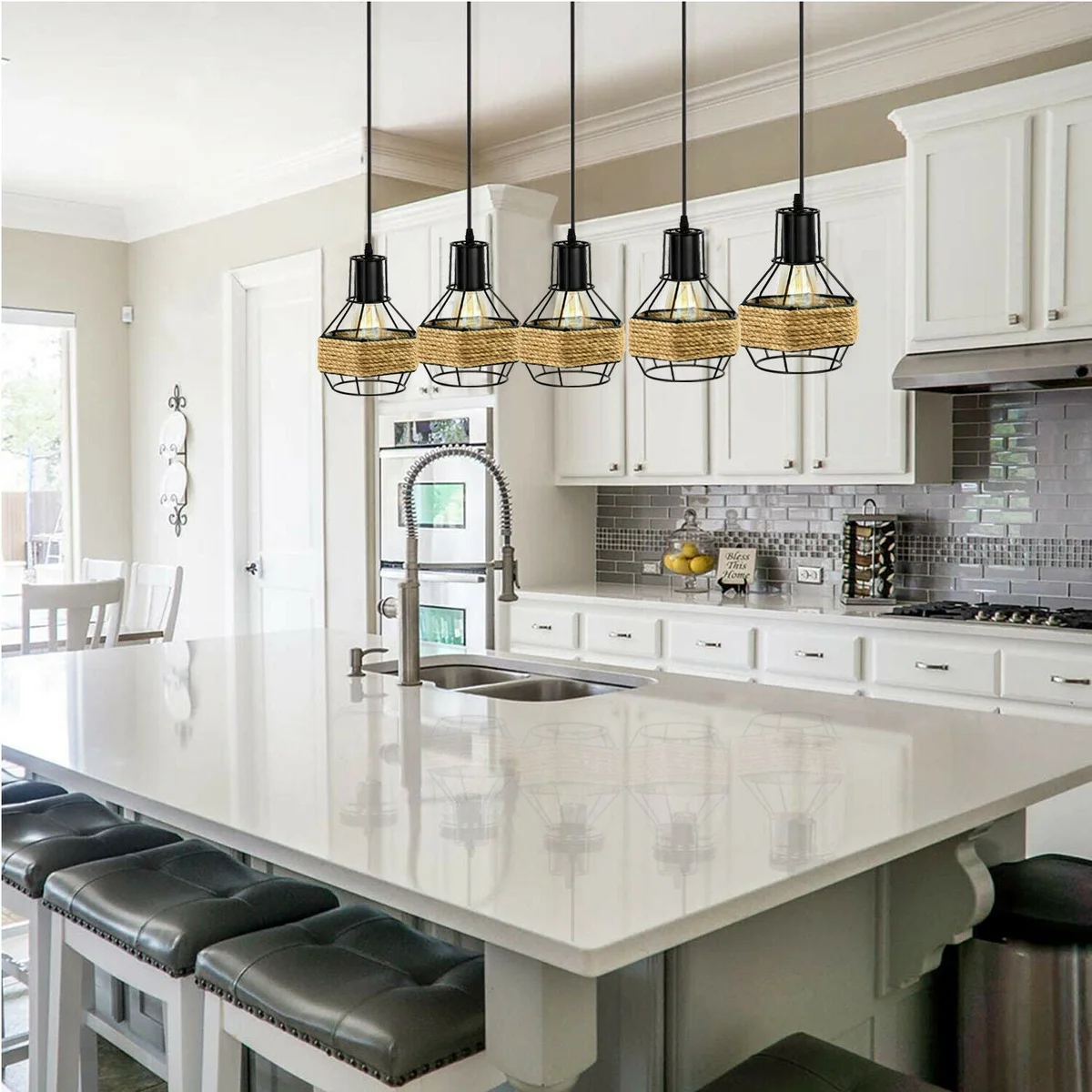 5 head ceiling pendant light: metal and hemp rope chandelier with nickel cage and black shade, hanging over kitchen island.
