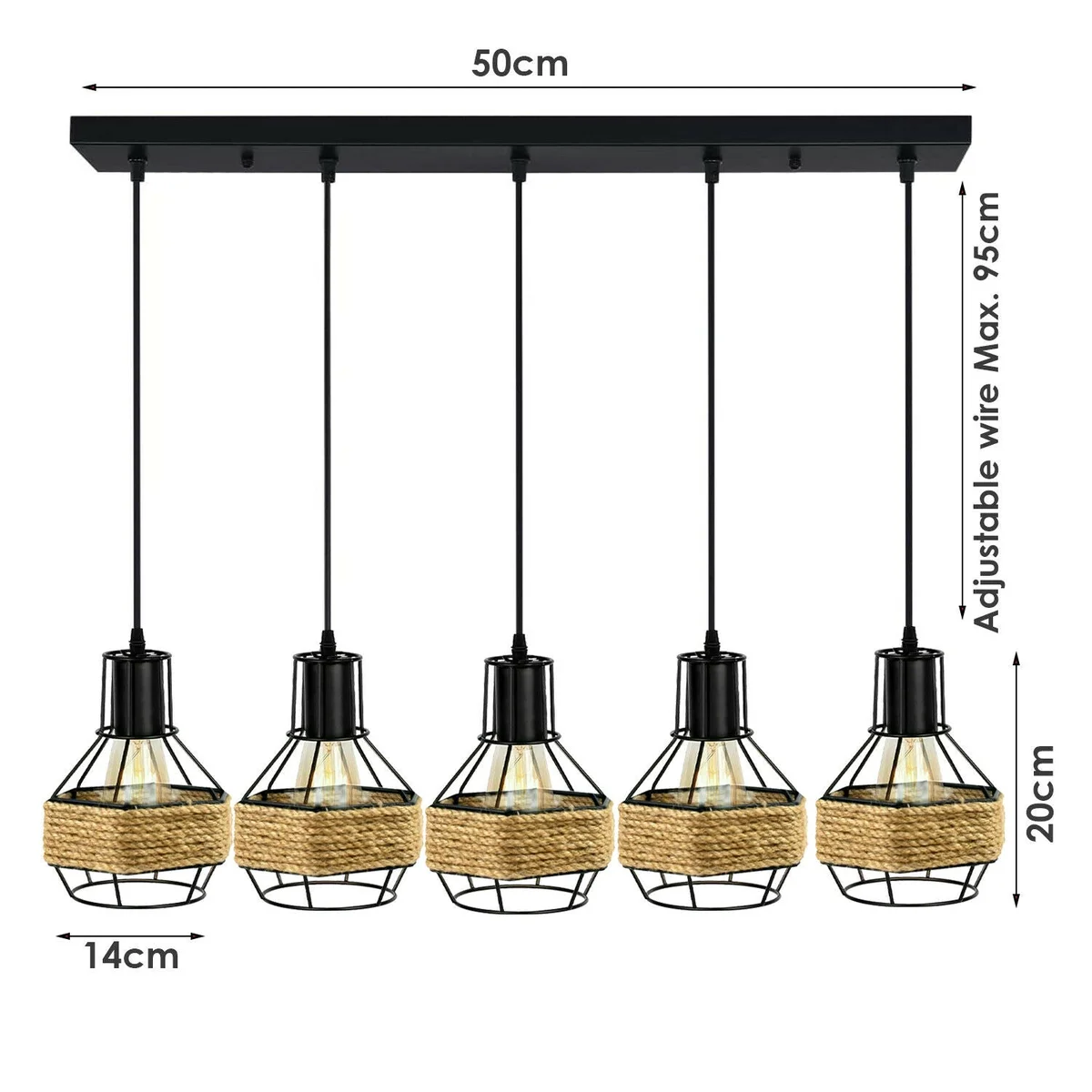 Metal pendant light black with 5 black PVC rope heads hanging from brushed nickel cage over a kitchen island.