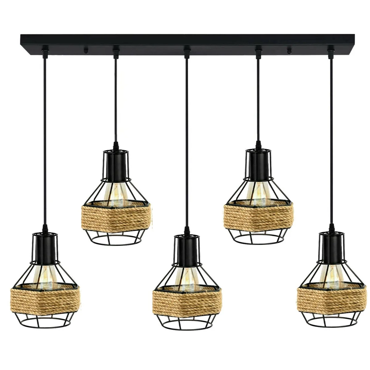 E27 lamp holder chandelier with 5 metallic shade heads in brushed nickel and black finish, suspended on 95cm cable.