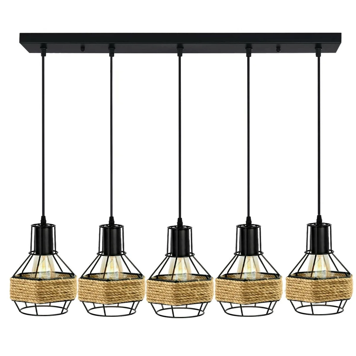 Hemp rope pendant lighting with five metal heads on a brushed nickel cage, black finish.