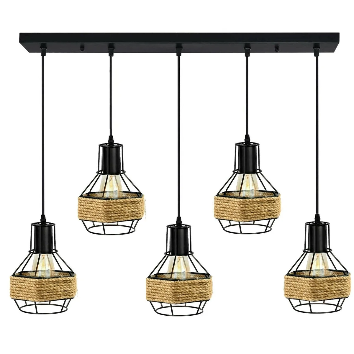 Modern industrial ceiling light with brushed nickel cage, black hemp accents, 5‑head lantern hanging from 50cm ceiling plate.