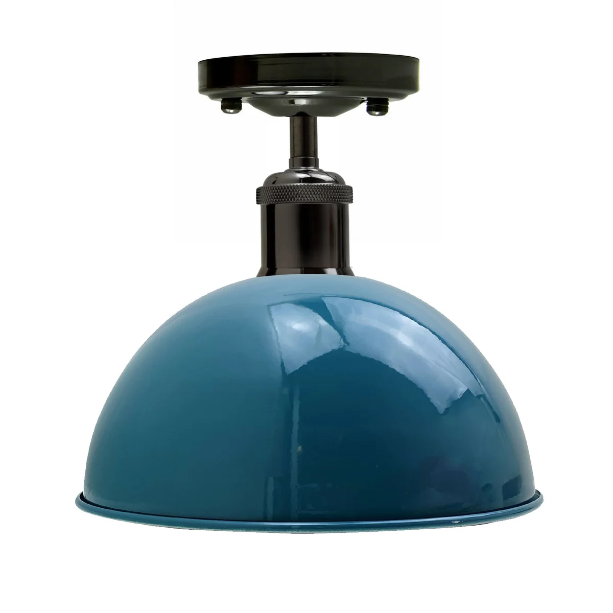 Shiny black and blue dome living room ceiling light with E27 base, metal shade, installed on ceiling, warm ambience