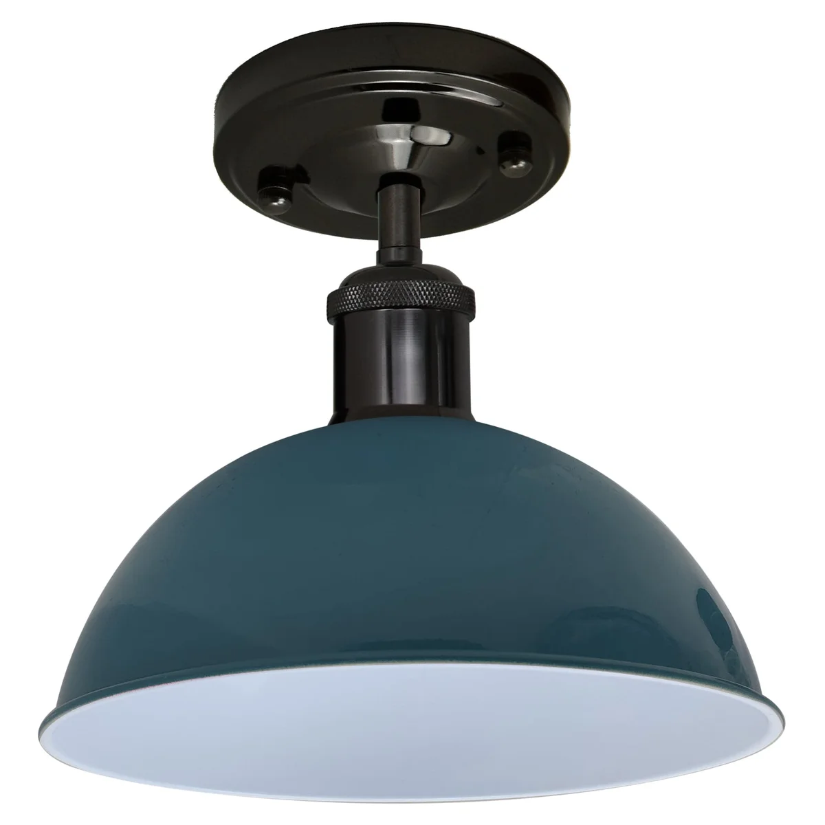Shiny black and blue dome ceiling light with metal frame, 10.8cm diameter, 20mm height, E27 base.
