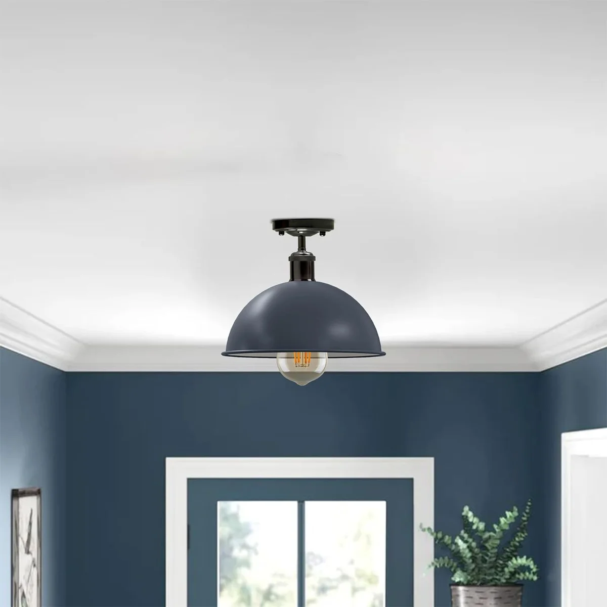 Modern grey metal ceiling light featuring a shiny black dome shade and E27 bulb base, hanging from ceiling.