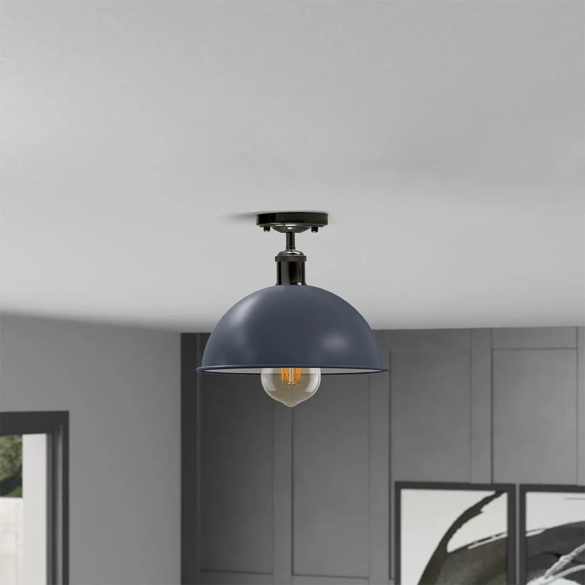 Modern grey dome pendant lamp with metal base, shiny black and grey shade, 10.8cm diameter, 2cm height.