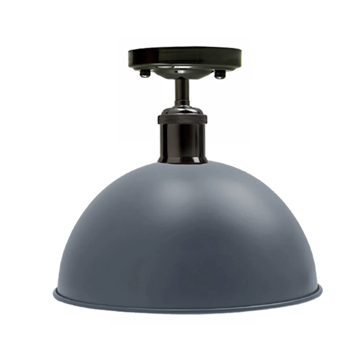Metal ceiling lamp with shiny black and grey dome, metal base, E27 socket
