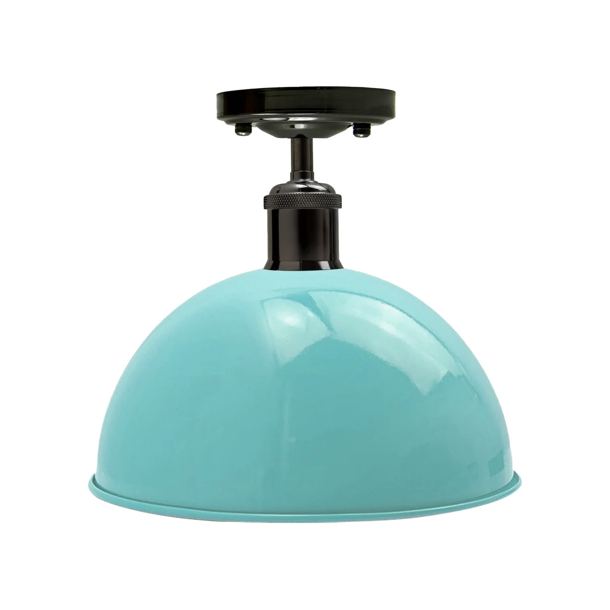 Light blue vintage industrial ceiling light with metal shade and E27 base on ceiling plate
