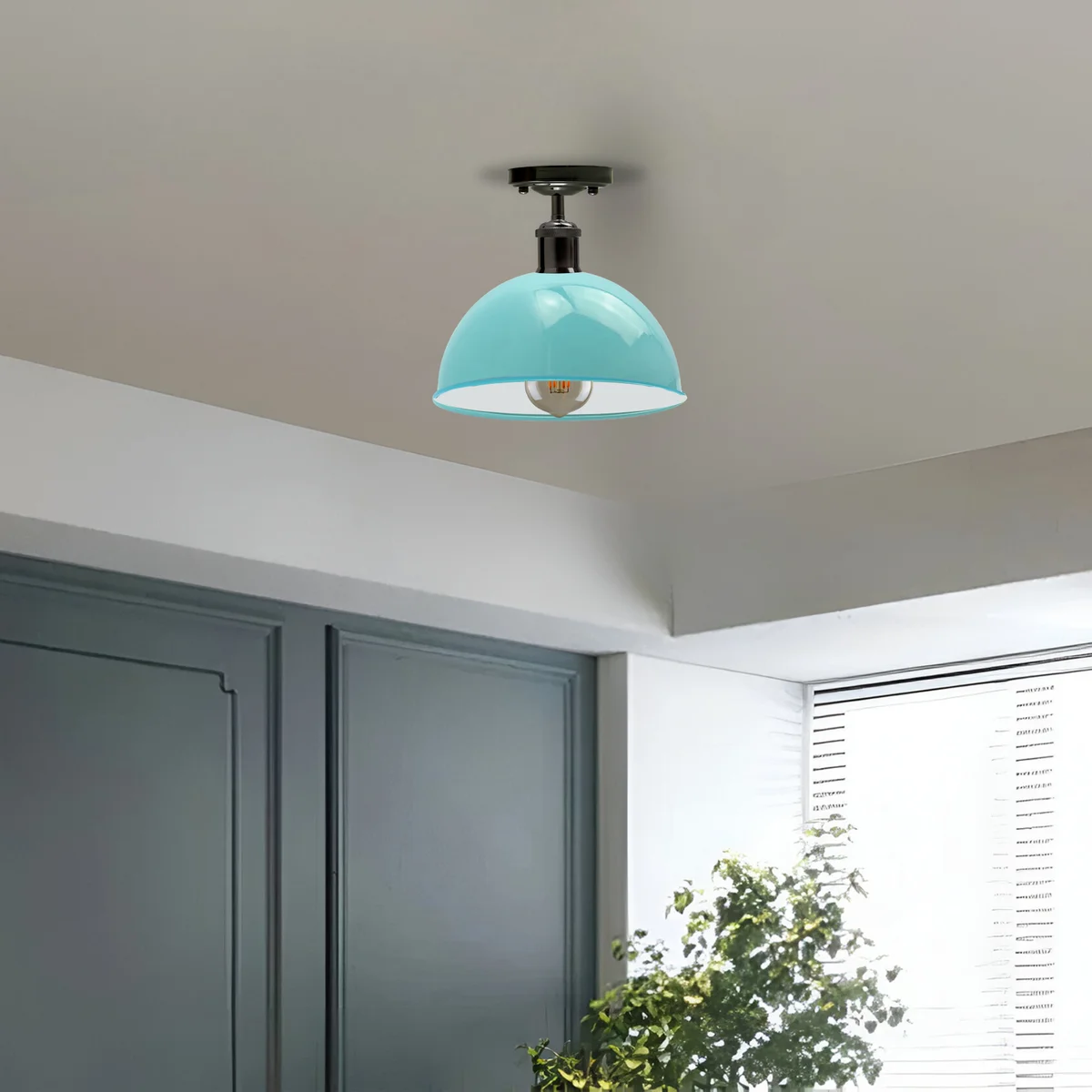 Light blue vintage industrial metal shade ceiling lamp with E27 fitting and metal construction