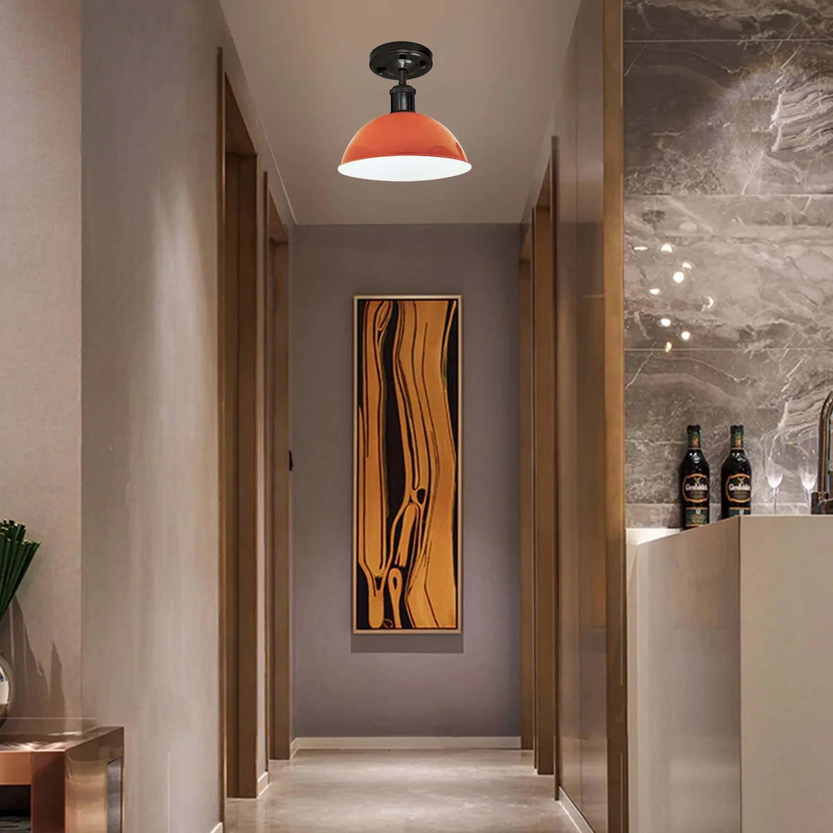 Flush mount ceiling light in shiny black and orange metal, low‑profile with 10.8 cm shade, featuring E27 base for hallway